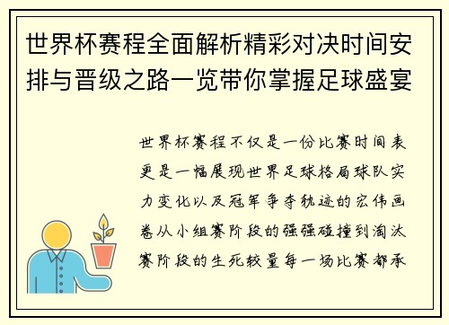 世界杯赛程全面解析精彩对决时间安排与晋级之路一览带你掌握足球盛宴
